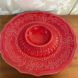 Bordallo Pinheiro Holiday Red Poinsettia Chip & Dip Platter Portugal